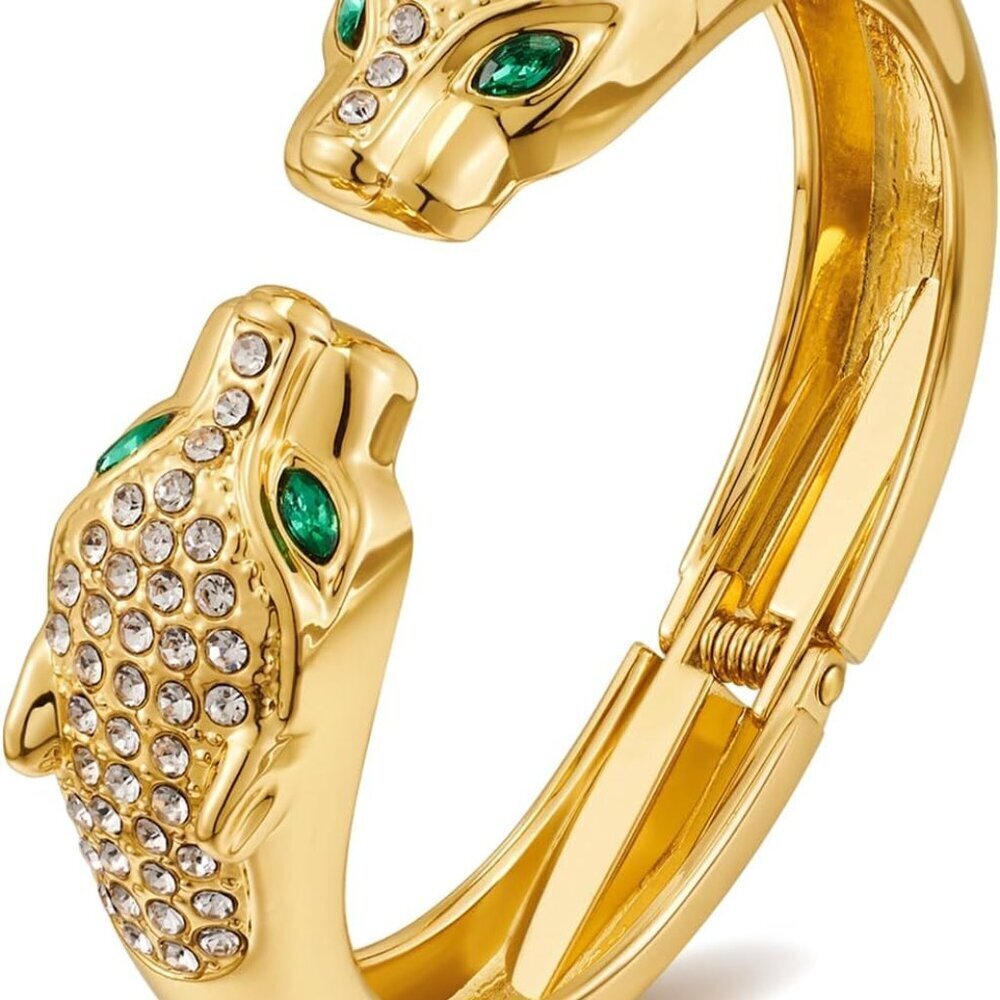 Gold Animal Panther Cuff Bracelet for Women Vintage CZ Chunky Statement Jewelry